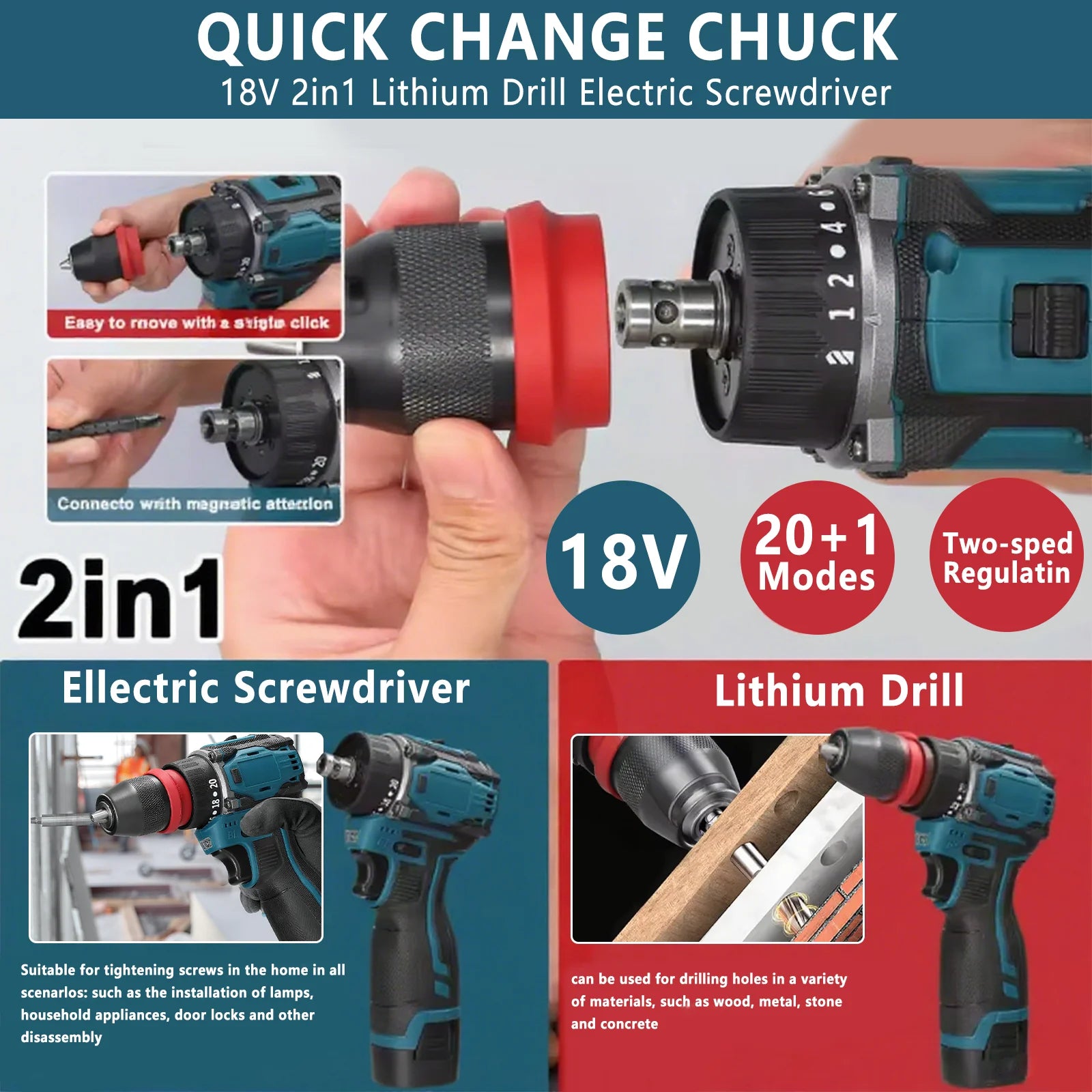 2in1 Cordless Electric Screwdriver Drill Brushless Motor 45/55Nm Torque Stepless Speed Regulation Handheld Lithium Driver Drill