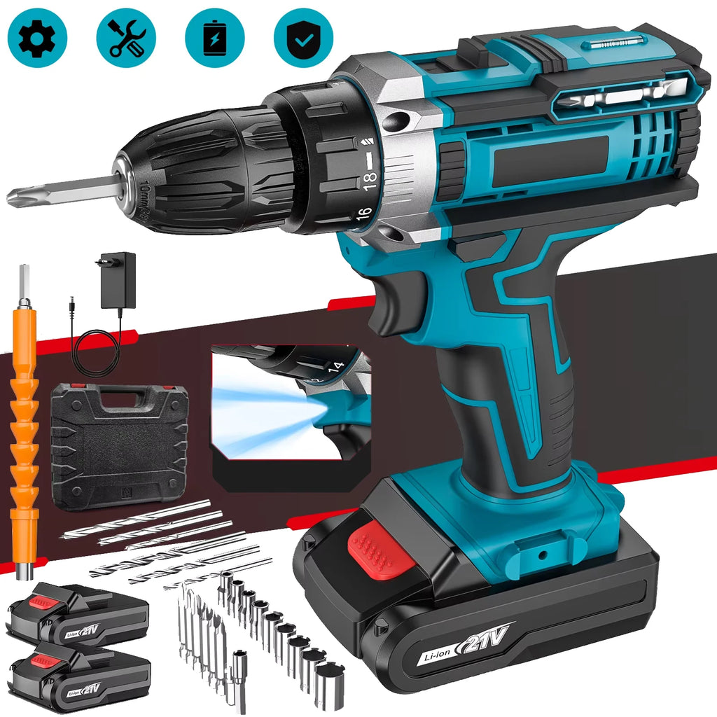 21V Impact Cordless Screwdriver 1600rpm High Speed Drills Rechargeable Battery Drill Household Drill Power Tools With Drill Bits