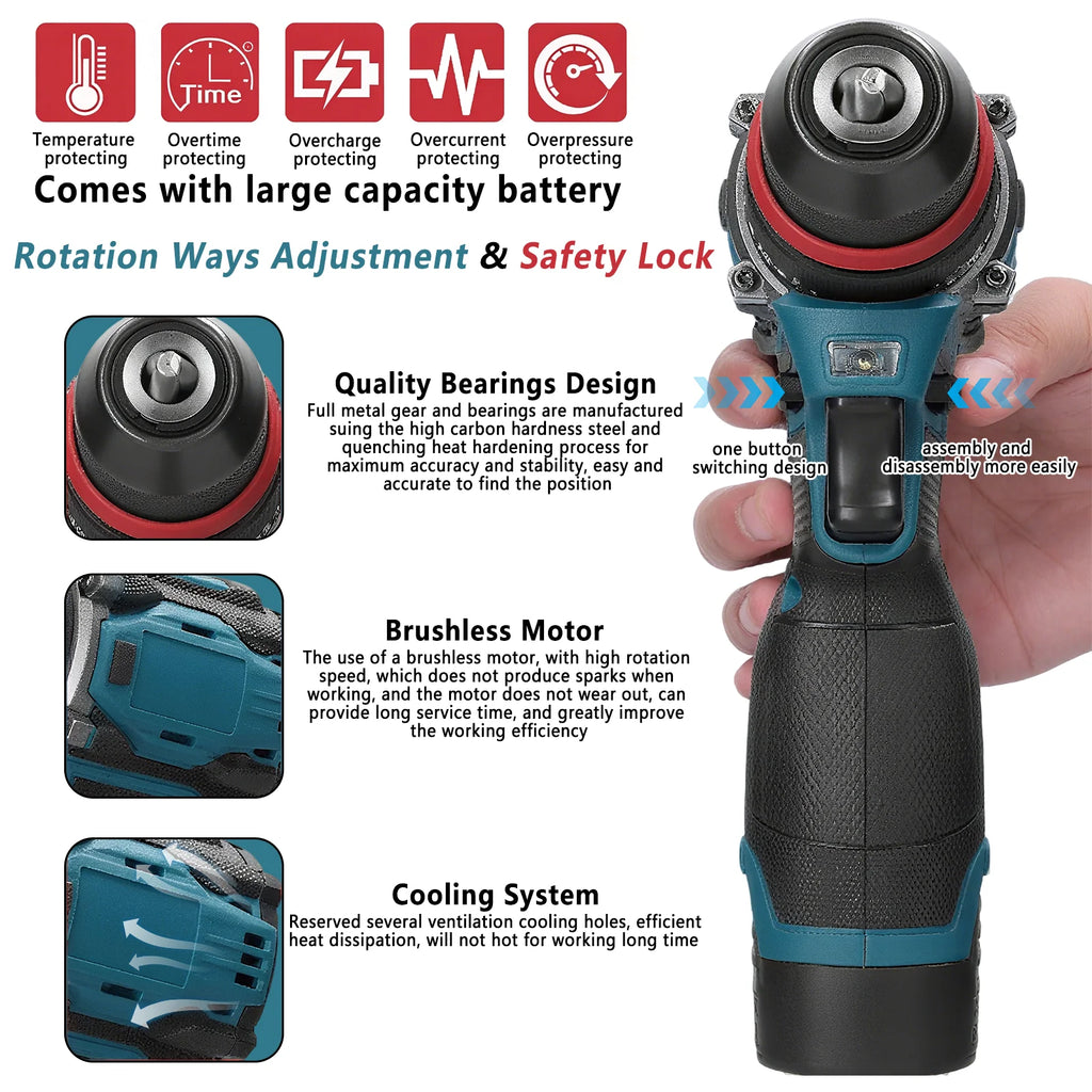 2in1 Cordless Electric Screwdriver Drill Brushless Motor 45/55Nm Torque Stepless Speed Regulation Handheld Lithium Driver Drill