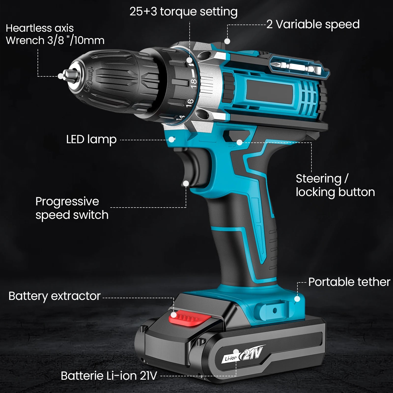 21V Impact Cordless Screwdriver 1600rpm High Speed Drills Rechargeable Battery Drill Household Drill Power Tools With Drill Bits
