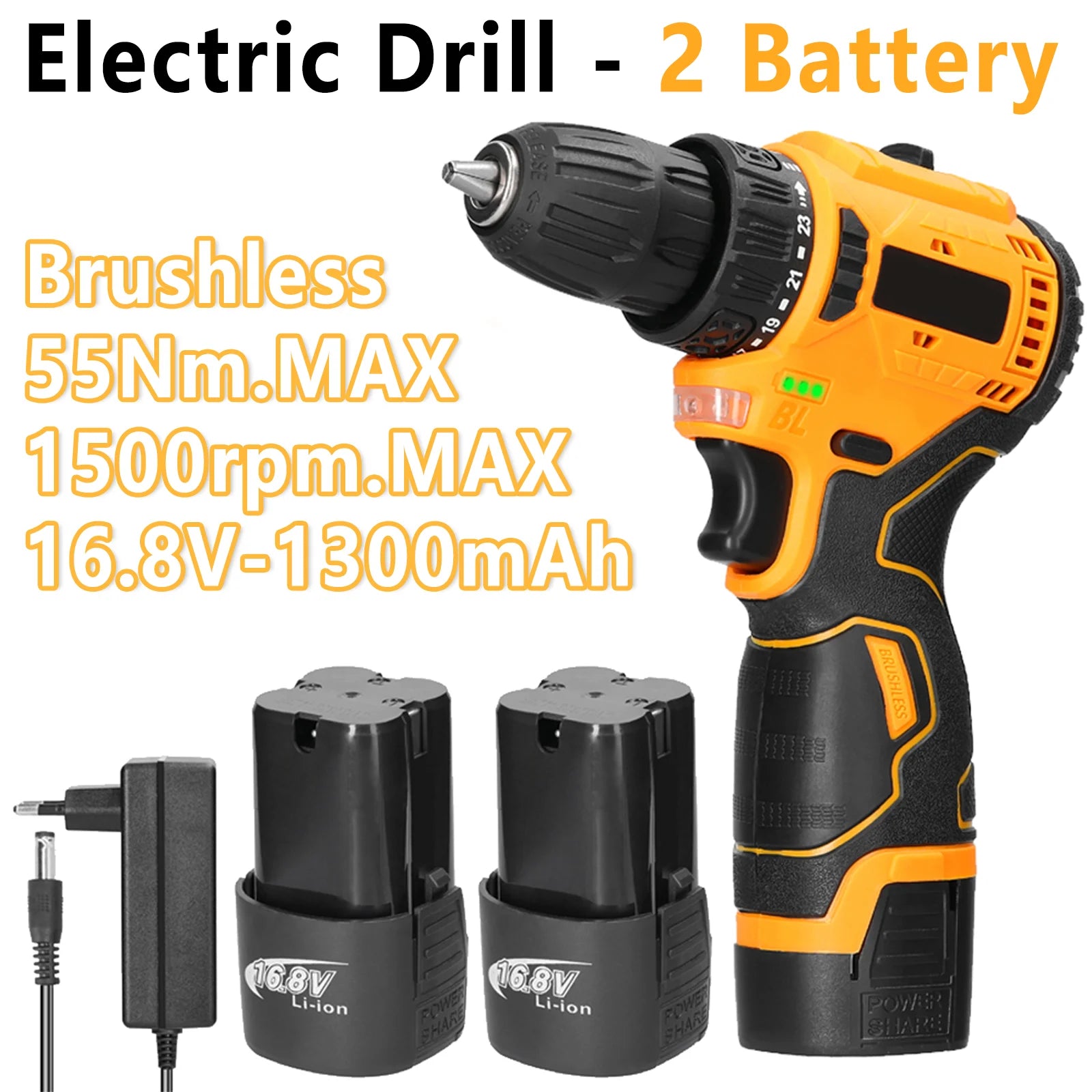 2in1 Cordless Electric Screwdriver Drill Brushless Motor 45/55Nm Torque Stepless Speed Regulation Handheld Lithium Driver Drill