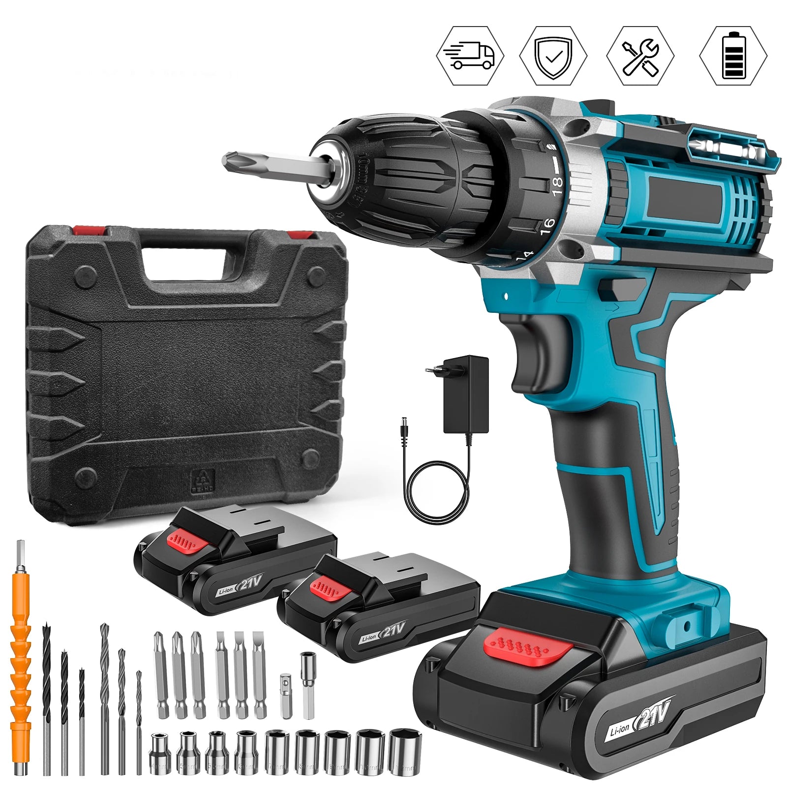 21V Impact Cordless Screwdriver 1600rpm High Speed Drills Rechargeable Battery Drill Household Drill Power Tools With Drill Bits