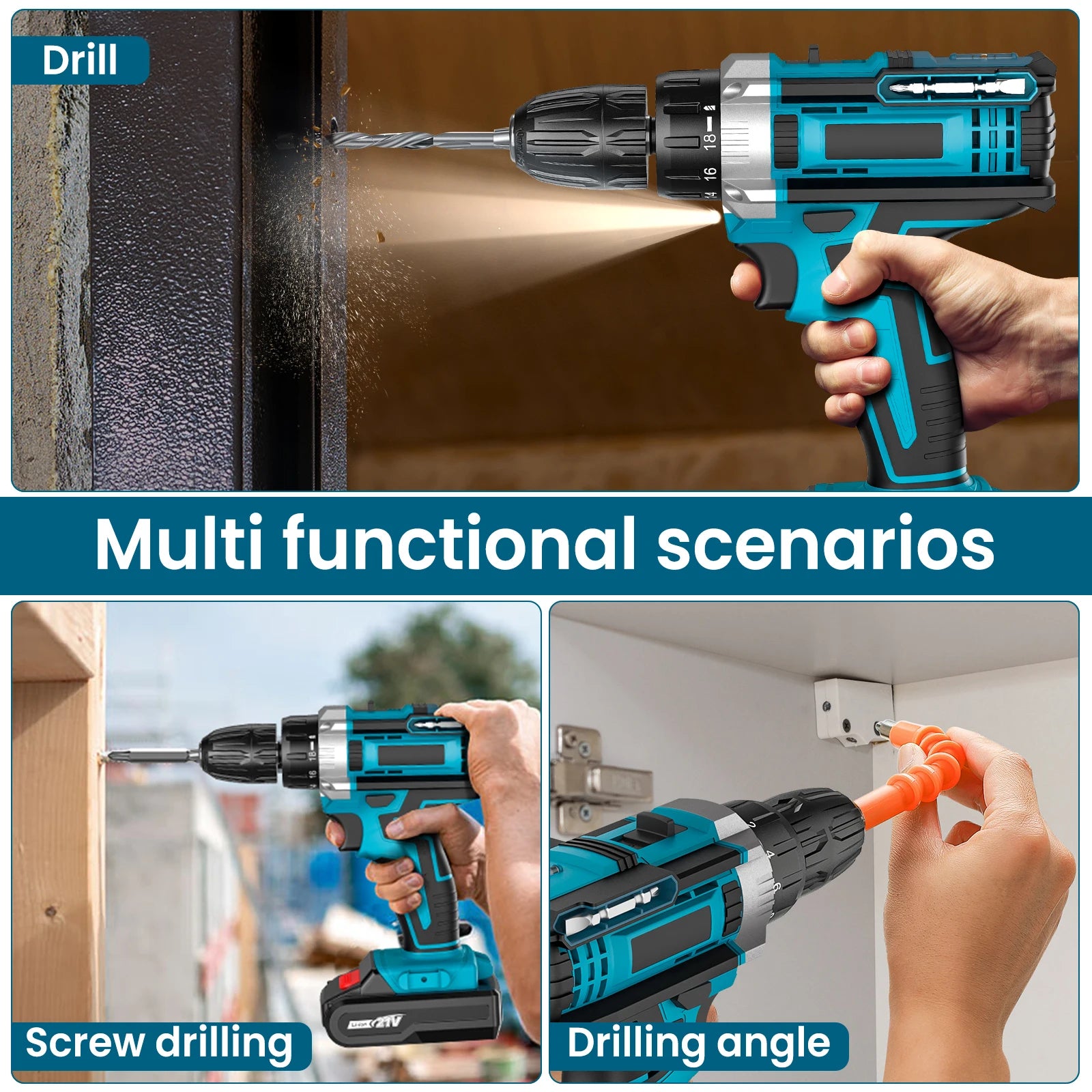 21V Impact Cordless Screwdriver 1600rpm High Speed Drills Rechargeable Battery Drill Household Drill Power Tools With Drill Bits