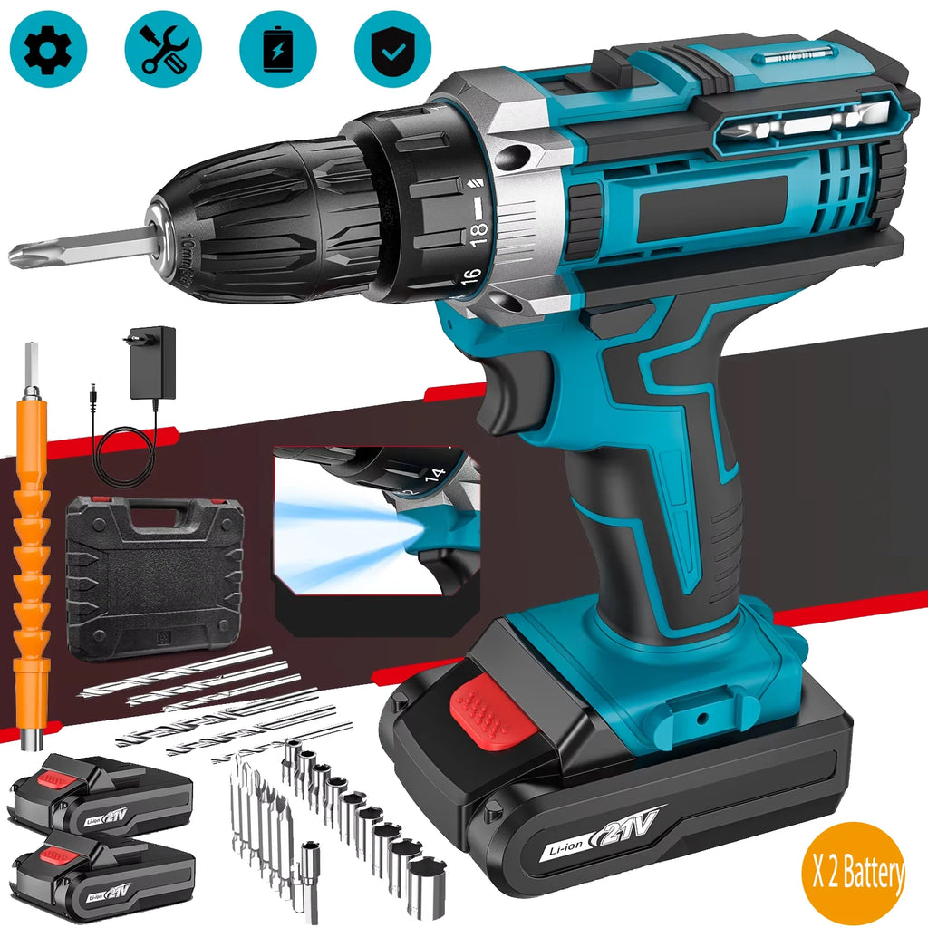 21V Impact Cordless Screwdriver 1600rpm High Speed Drills Rechargeable Battery Drill Household Drill Power Tools With Drill Bits