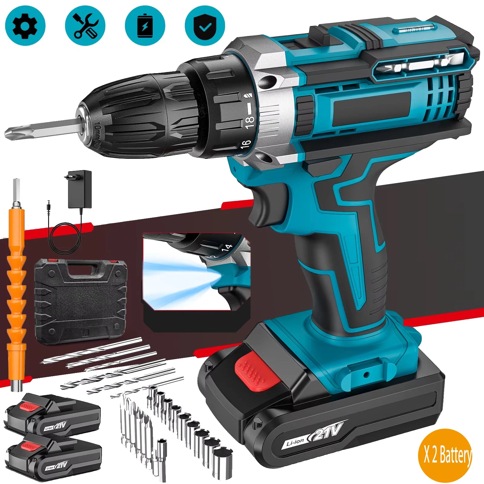 21V Impact Cordless Screwdriver 1600rpm High Speed Drills Rechargeable Battery Drill Household Drill Power Tools With Drill Bits