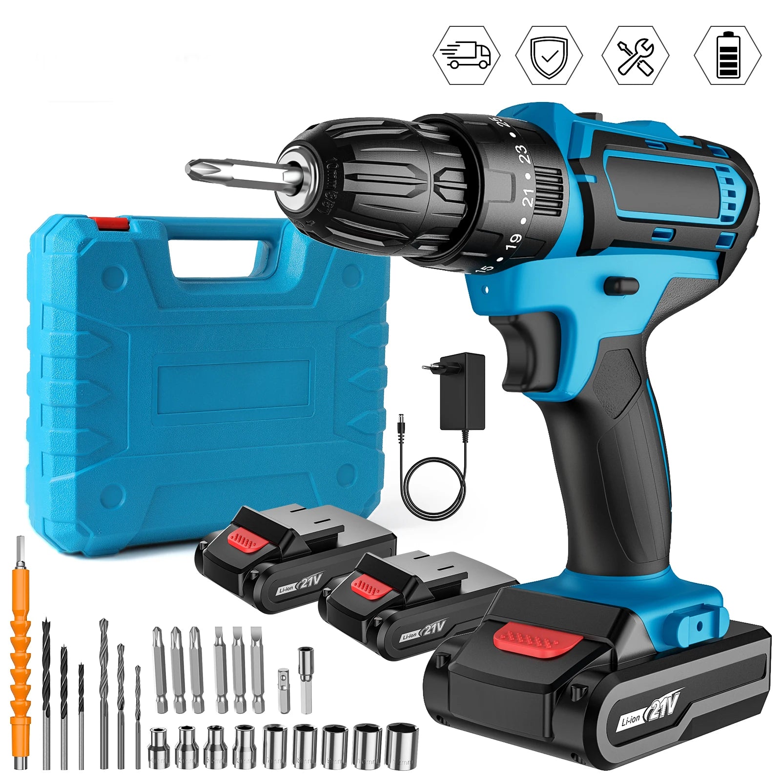 21V Impact Cordless Screwdriver 1600rpm High Speed Drills Rechargeable Battery Drill Household Drill Power Tools With Drill Bits