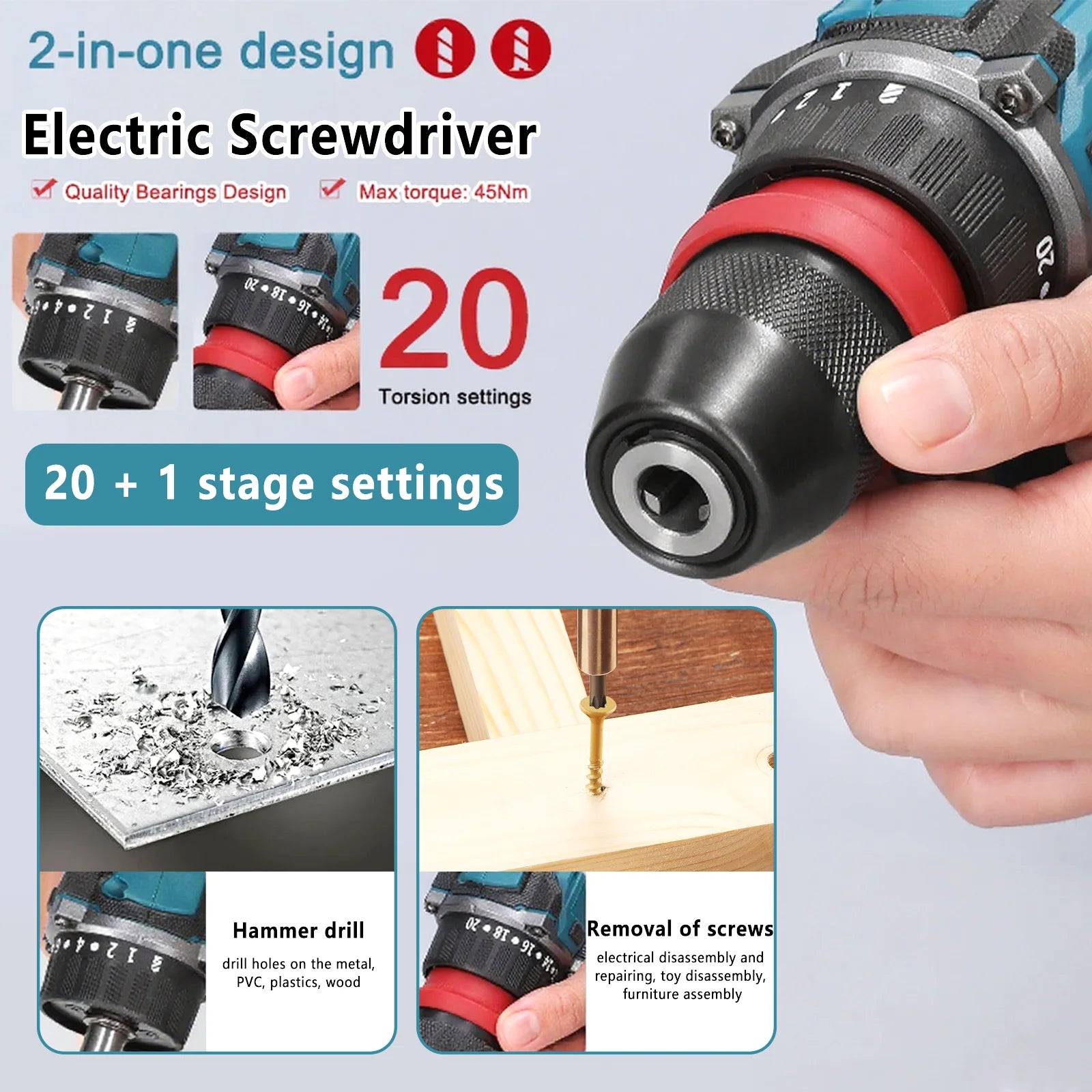 2in1 Cordless Electric Screwdriver Drill Brushless Motor 45/55Nm Torque Stepless Speed Regulation Handheld Lithium Driver Drill
