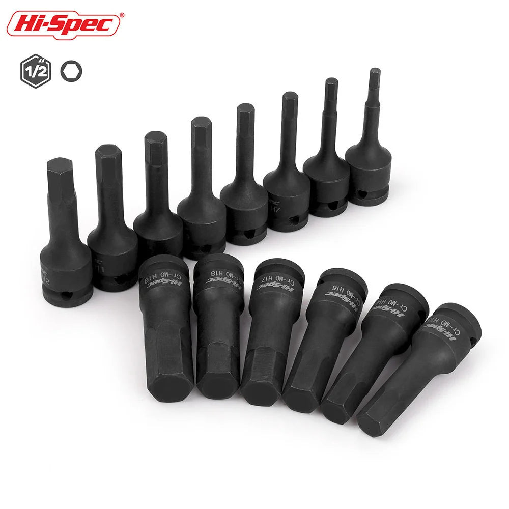 Hi-Spec 1/2 Impact Screwdriver Hex Bit Socket Heavy Duty Electric Wrench Drill Adapter H5 to H19 Cr-Mo Hand Tool for Auto Repair