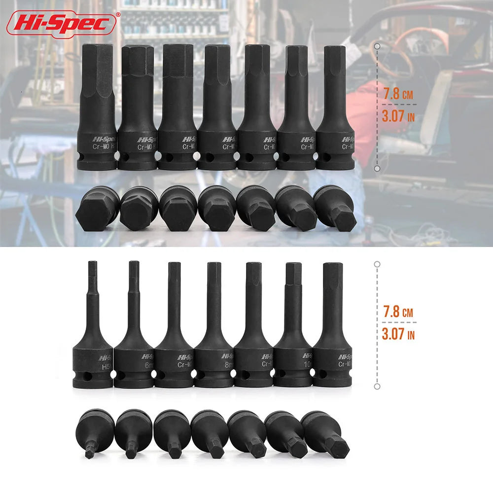Hi-Spec 1/2 Impact Screwdriver Hex Bit Socket Heavy Duty Electric Wrench Drill Adapter H5 to H19 Cr-Mo Hand Tool for Auto Repair