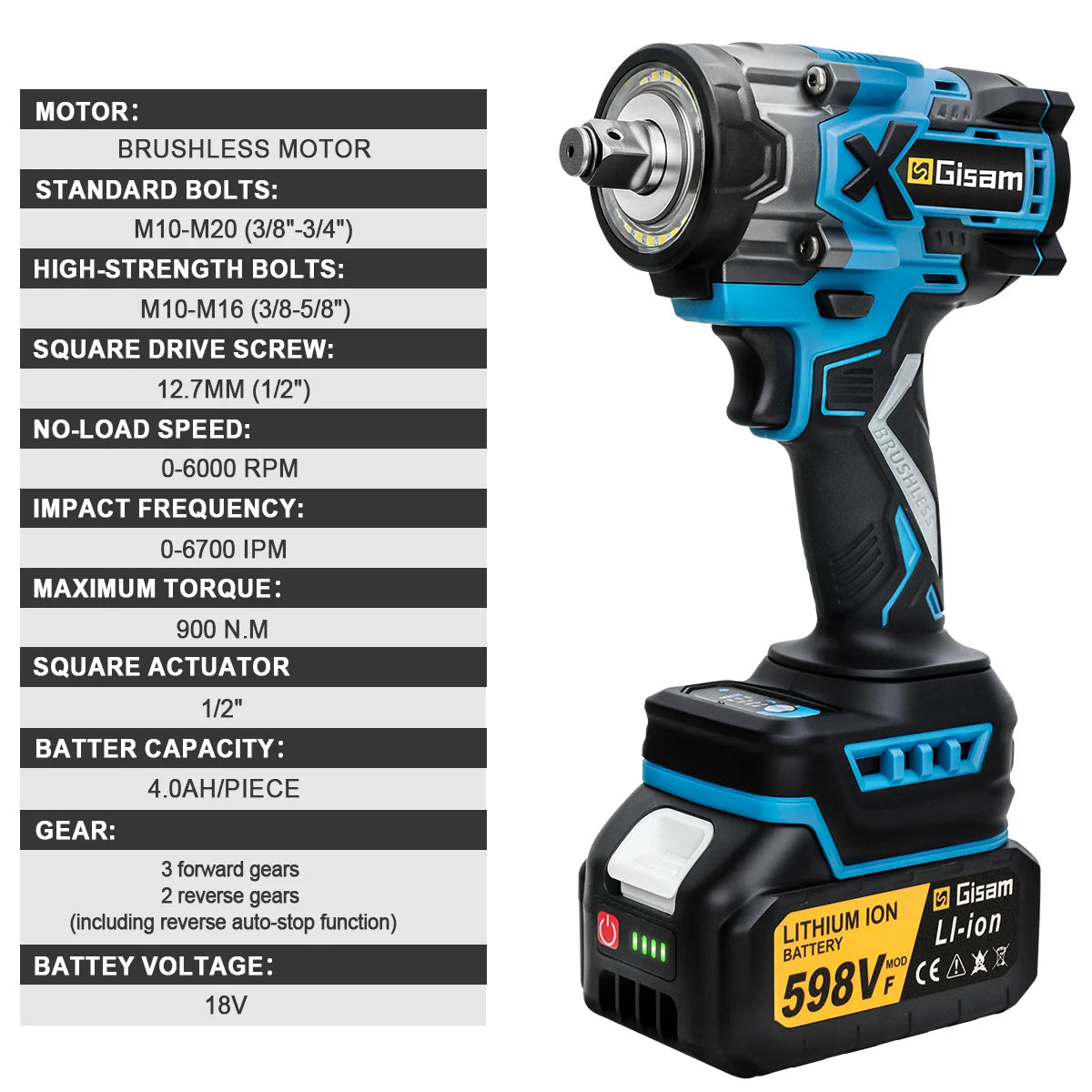 Gisam 900N.M Torque Brushless Electric Impact Wrench 1/2 inch Cordless Wrench Screwdriver Power Tools For Makita 18V Battery Pin
