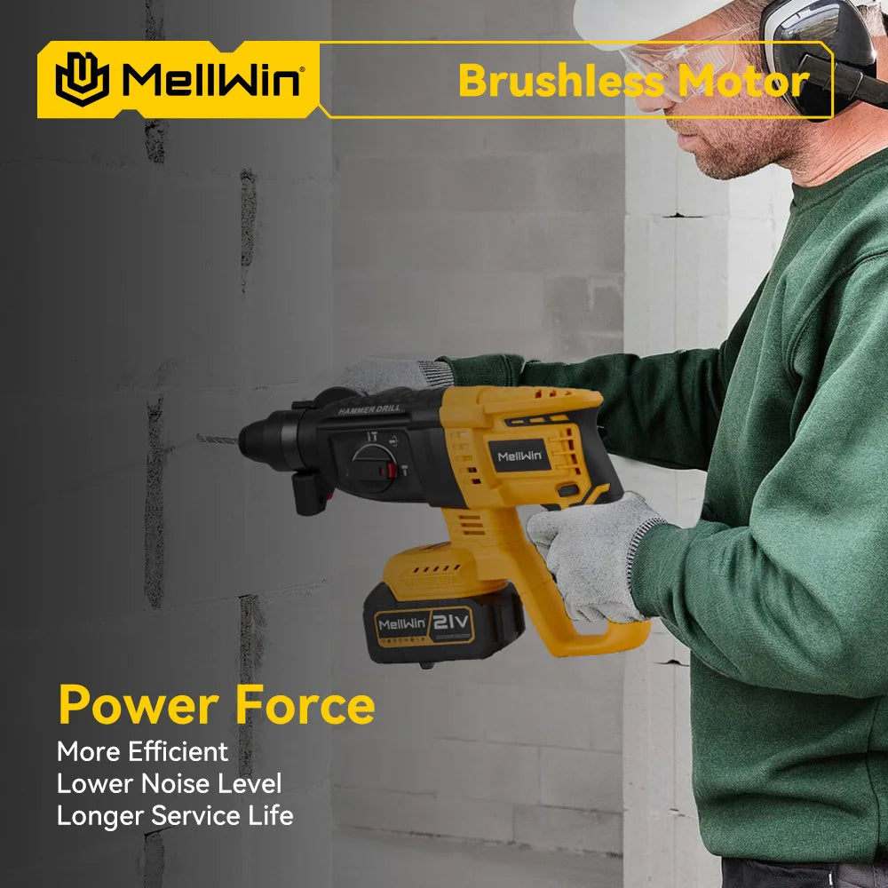 MELLWIN 3 in 1 Brushless Electric Hammer Drill Multifunction Impact Hammer for Steel Concrete Wood For Makita 18V Battery Pin