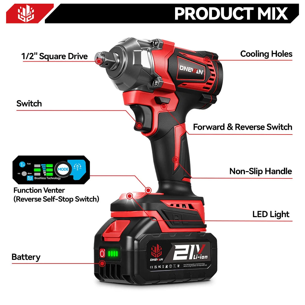 ONEVAN 1200N.M Brushless Electric Impact Wrench 1/2 inch Cordless Screwdriver Wrench Power Tool For Makita 18V Battery Pin