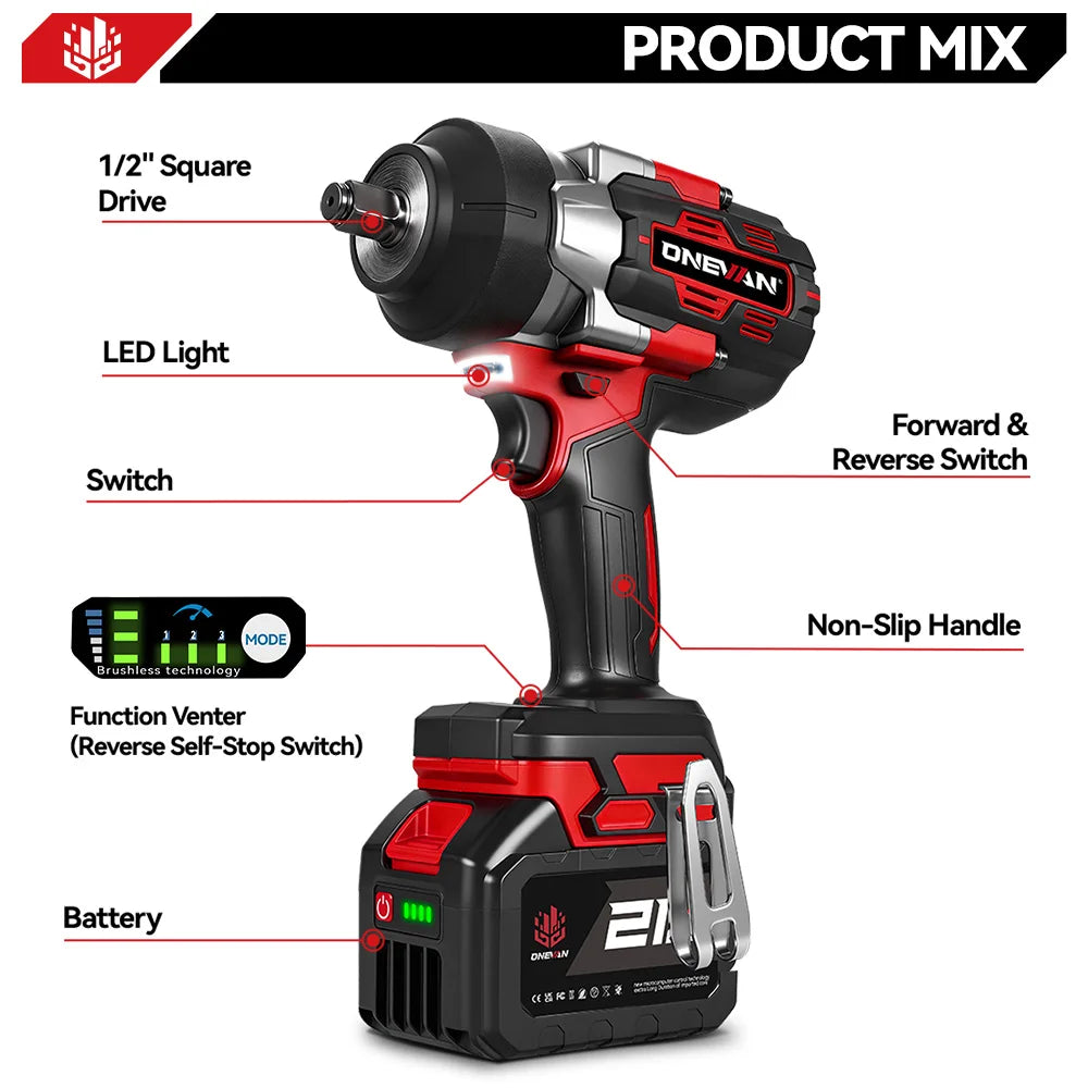 ONEVAN 2800N.M 2800W Brushless Electric Impact Wrench 1/2 Inch Cordless Wrench Screwdriver Power Tool For Makita 18V Battery Pin