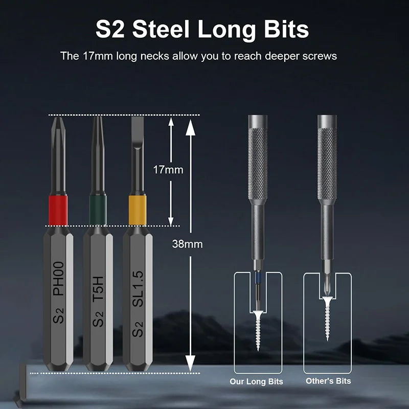 Precision Screwdriver Set, Screwdriver Kit with 36 Long S2 Bits, Magnetic Repair Tool for Glasses, Watches, PC, Computer, Camera