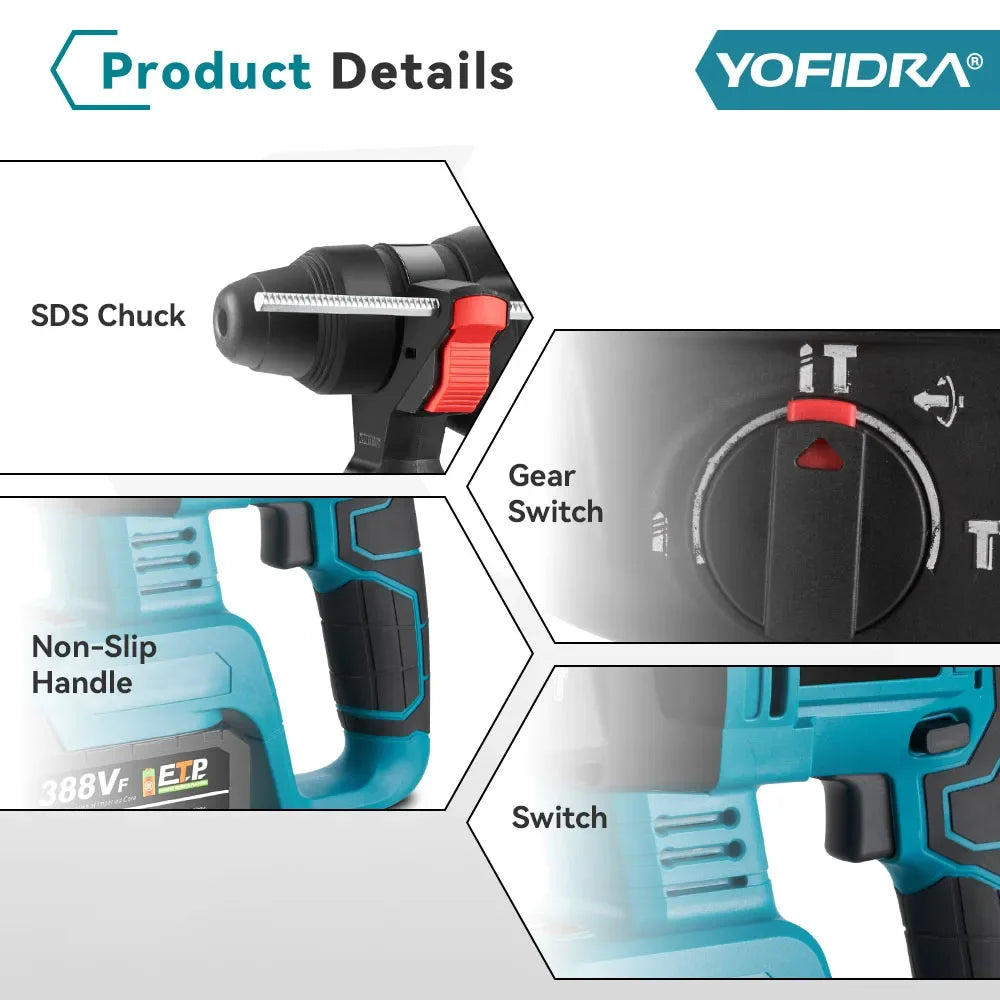 YOFIDRA 26MM Brushless Electric Hammer Drill 1680W Cordless Multifunctional Rotary Hammer Drill Tool For Makita 18V Battery Pin