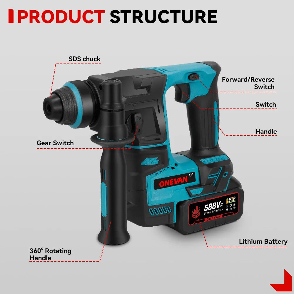 ONEVAN 27MM Brushless Electric Hammer Impact Drill Cordless Multifunction Rotary Hammer Power Tool For Makita 18V Battery Pin