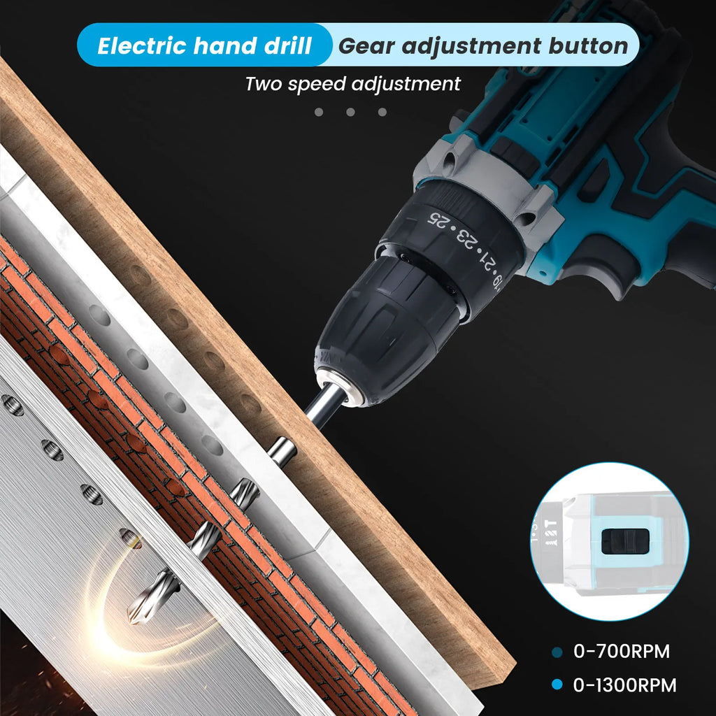21V Cordless Brush Drill Driver with Impact Function Rotary Hammer 2-Speed Hammer Drill Electric Screwdriver Set With 2 Battery