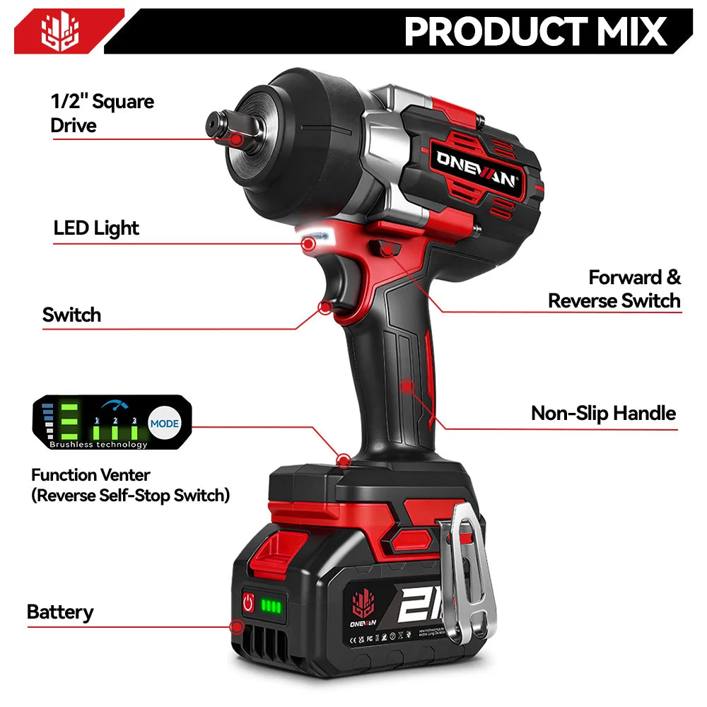 ONEVAN 2800N.M 2800W Brushless Electric Impact Wrench 1/2 Inch Cordless Wrench Screwdriver Power Tool For Makita 18V Battery Pin