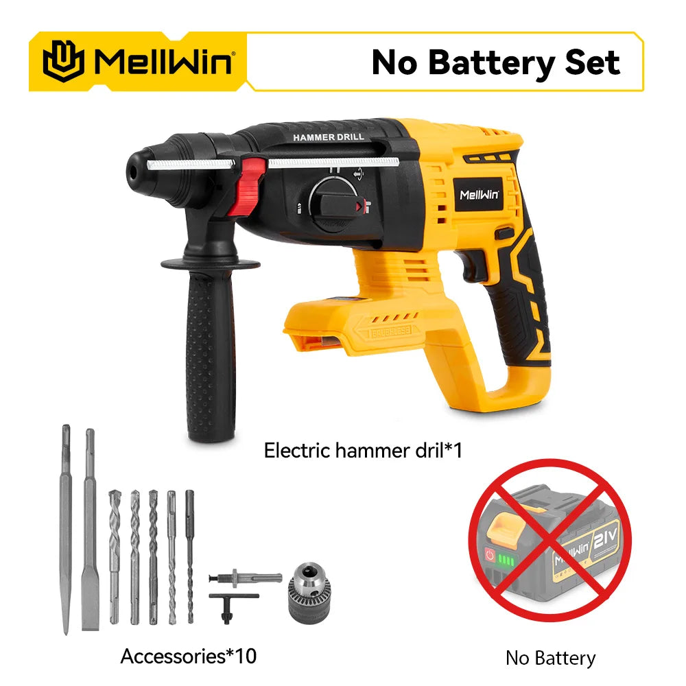 MELLWIN 3 in 1 Brushless Electric Hammer Drill Multifunction Impact Hammer for Steel Concrete Wood For Makita 18V Battery Pin