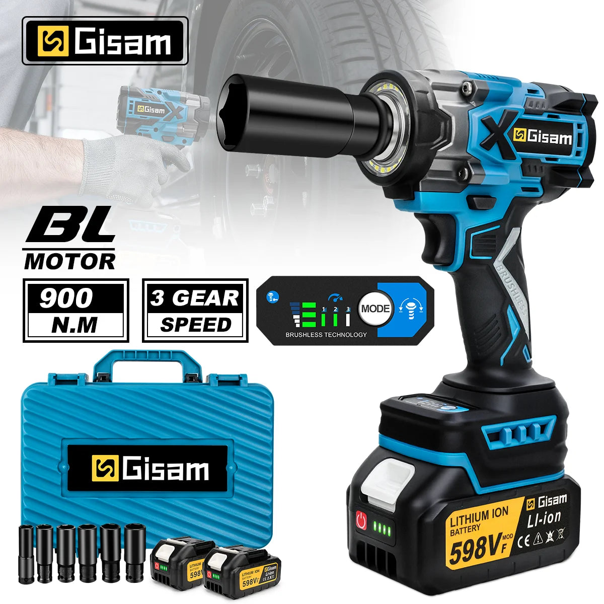 Gisam 900N.M Brushless Electric Wrench 1/2 Inch Impact Wrench Electirc Screwdriver Drill Compatible with Makita 18V Battery Pin