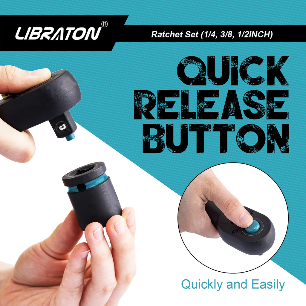 LIBRATON 72-Tooth Ratchet Wrench Quick Release Ratchet Handle Reversible 1/4'' 3/8'' 1/2'' Drive Auto Repair Tool Home DIY Tools