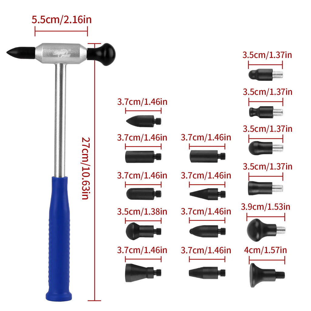 PDR Tool Dent Repair Hammer Set 15 Interchangeable Heads for Precise Removal of Small Hail Damage Rustproof Aluminum Alloy