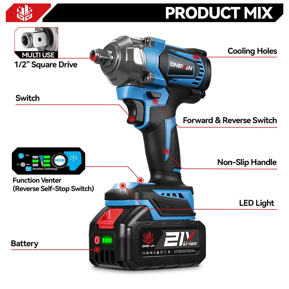 ONEVAN 1200N.M Brushless Electric Impact Wrench 1/2inch Cordless Torque Wrench Screwdriver Power Tool For Makita 18V Battery Pin
