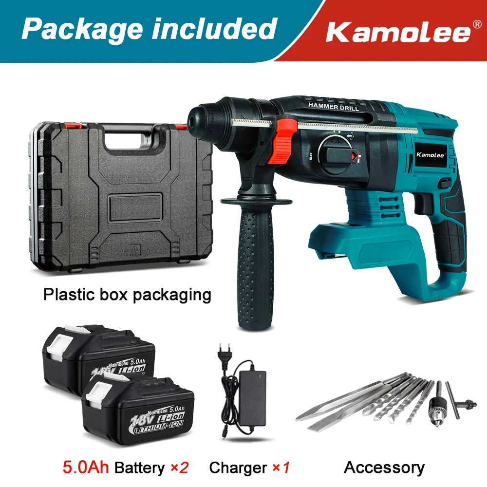 Kamolee 2000W 10600IPM Brushless Cordless Rotary Hammer Drill Rechargeable Electric Hammer Impact Drill