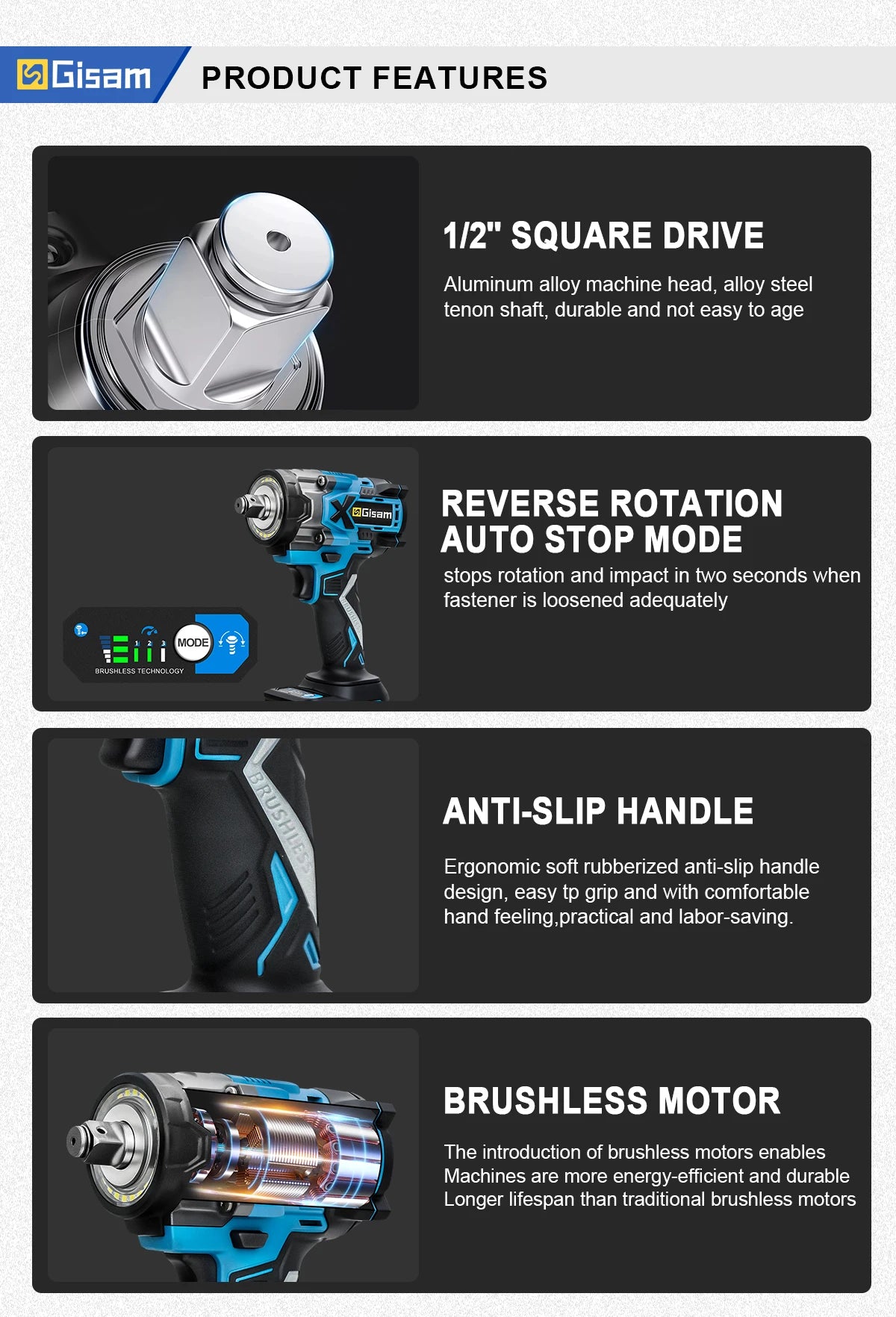 Gisam 900N.M Torque Brushless Electric Impact Wrench 1/2 inch Cordless Wrench Screwdriver Power Tools For Makita 18V Battery Pin