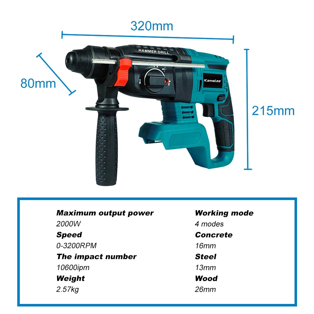 Kamolee 2000W 10600IPM Brushless Cordless Rotary Hammer Drill Rechargeable Electric Hammer Impact Drill