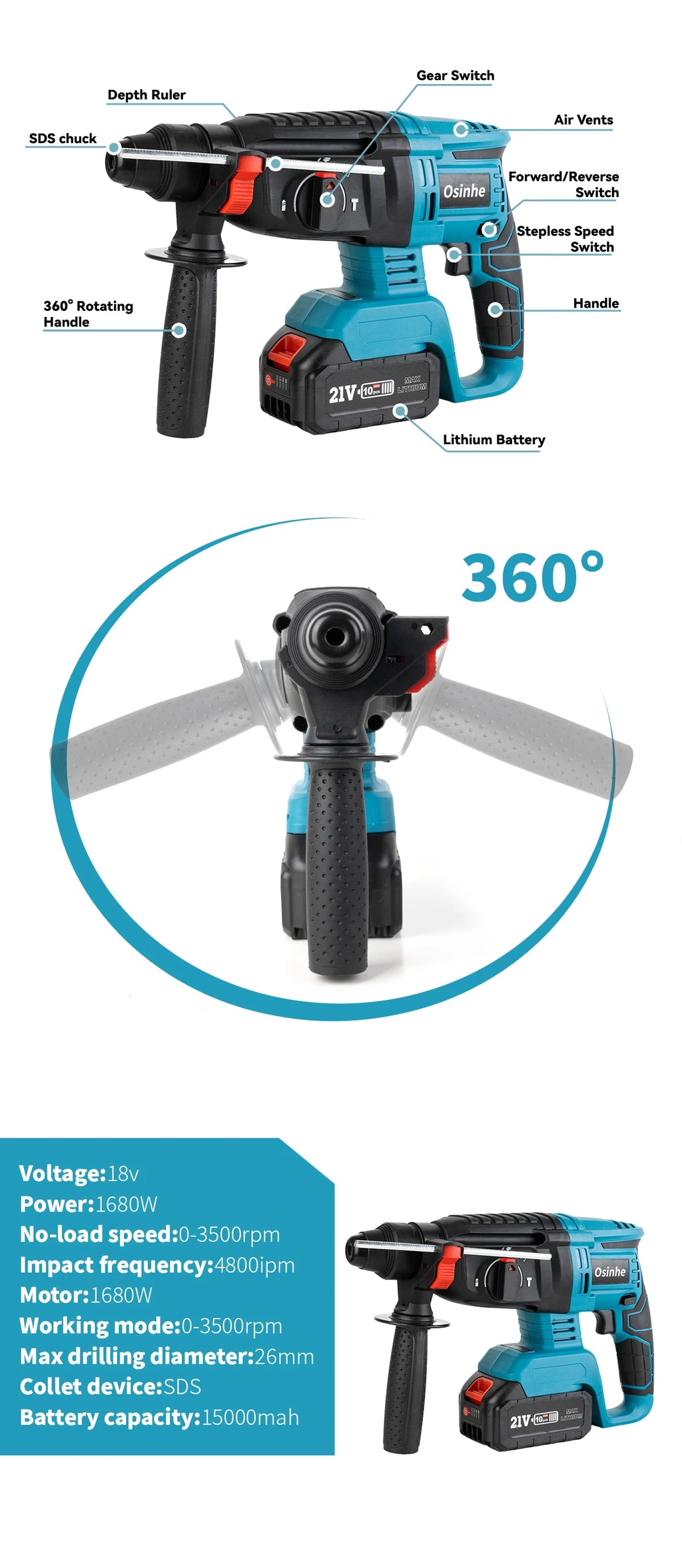 26mm Brushless Electric Hammer Drill Multifunctional Rotary Hammer Drill Cordless Impact Drill Tool For Makita 18V Battery Pin