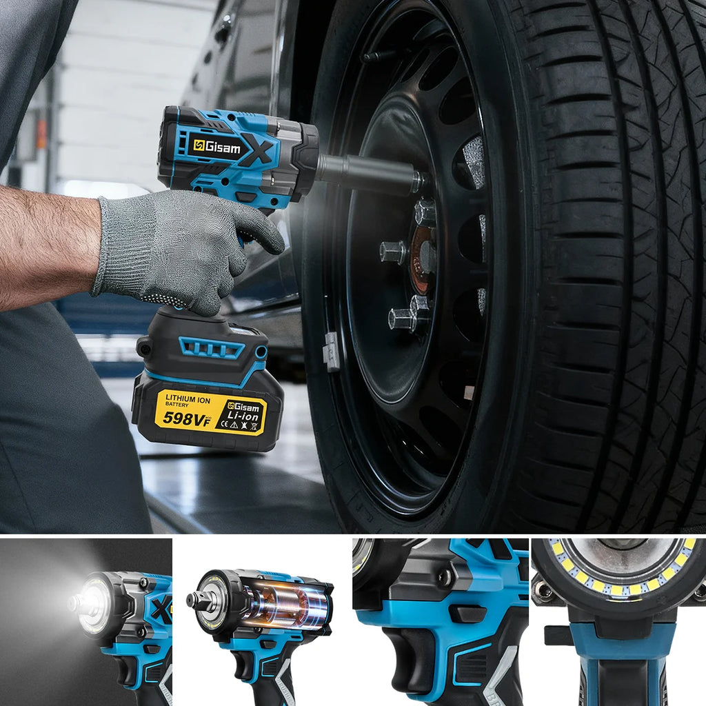 Gisam 900N.M Brushless Electric Wrench 1/2 Inch Impact Wrench Electirc Screwdriver Drill Compatible with Makita 18V Battery Pin