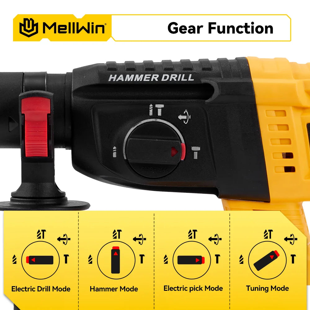 MELLWIN 3 in 1 Brushless Electric Hammer Drill Multifunction Impact Hammer for Steel Concrete Wood For Makita 18V Battery Pin