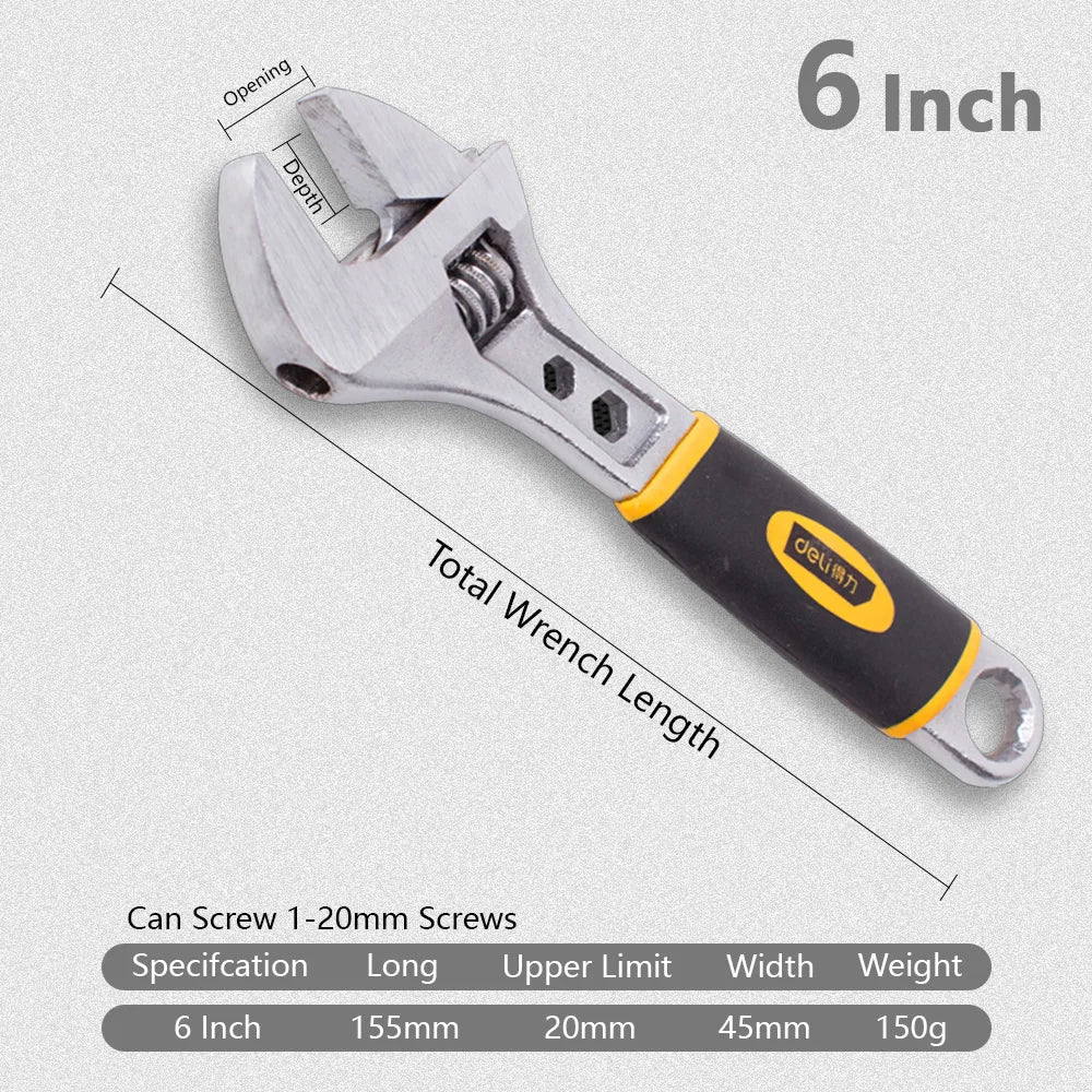 Deli 1 Pcs 6/8/10/12 Inch Universal Spanner Adjustable Wrench Strong with Non-slip Handle Large Opening Monkey Wrench