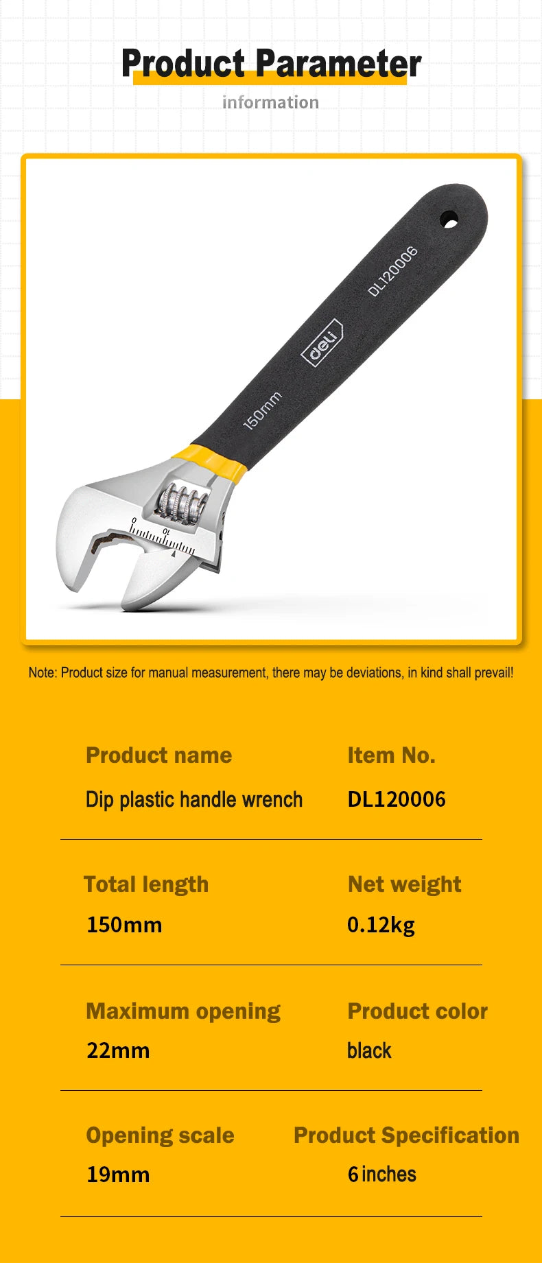 Deli Adjustable Spanner PVC Coated Handle Stainless Steel Universal Spanner Hand Tool 6 8 Inch Household Multifunctional  Wrench