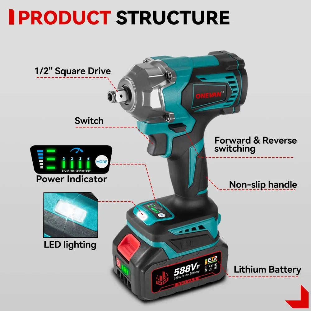 ONEVAN 1200N.M Brushless Electric Impact Wrench 3 Funtion 1/2" Cordless Portable Screwdriver Drill Tools For Makita Battery Pin