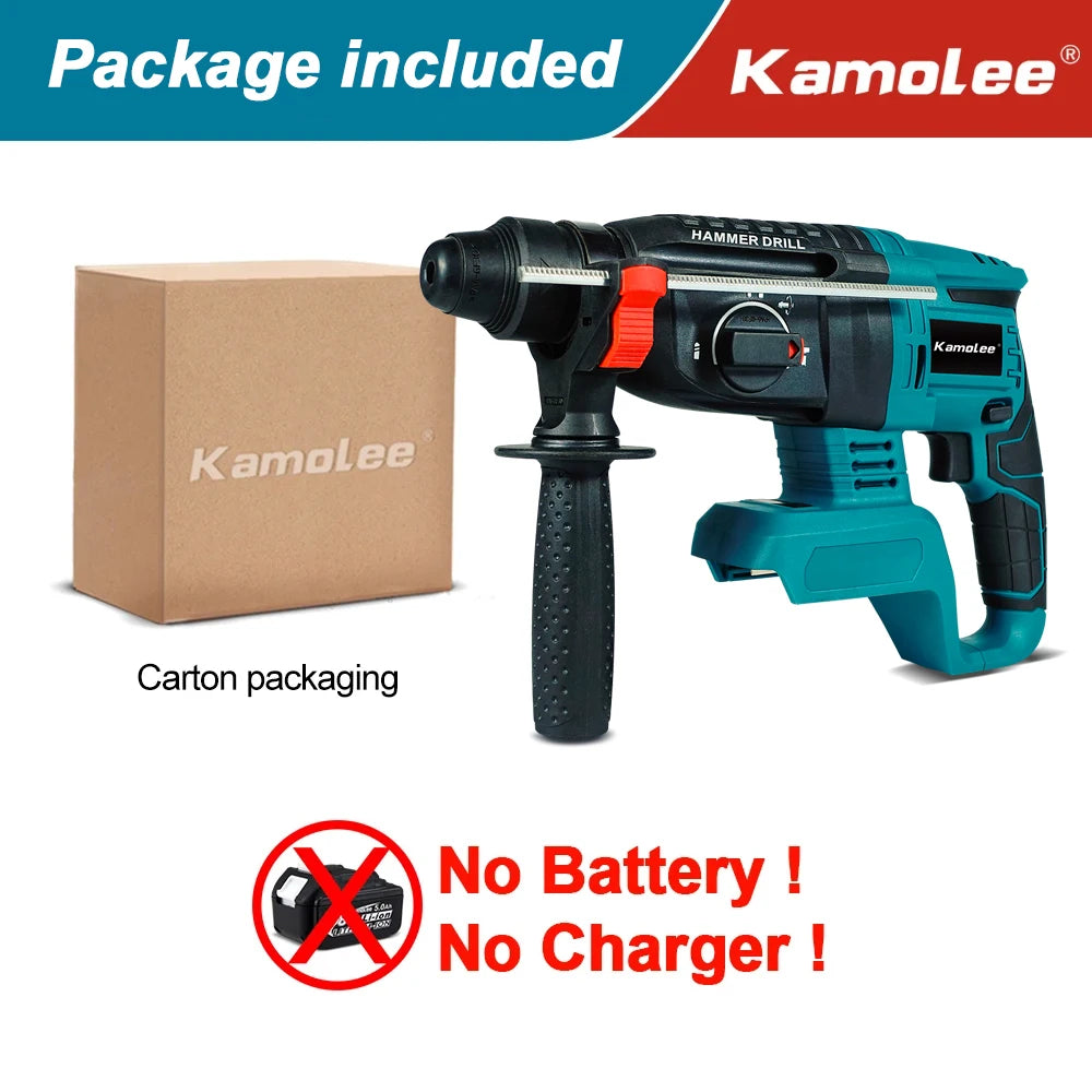 Kamolee 2000W 10600IPM Brushless Cordless Rotary Hammer Drill Rechargeable Electric Hammer Impact Drill