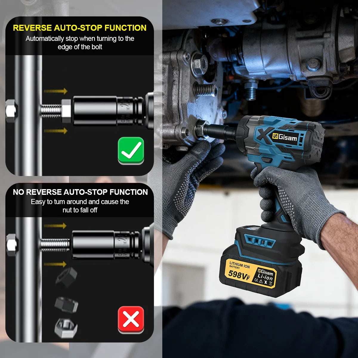 Gisam 900N.M Torque Brushless Electric Impact Wrench 1/2 inch Cordless Wrench Screwdriver Power Tools For Makita 18V Battery Pin