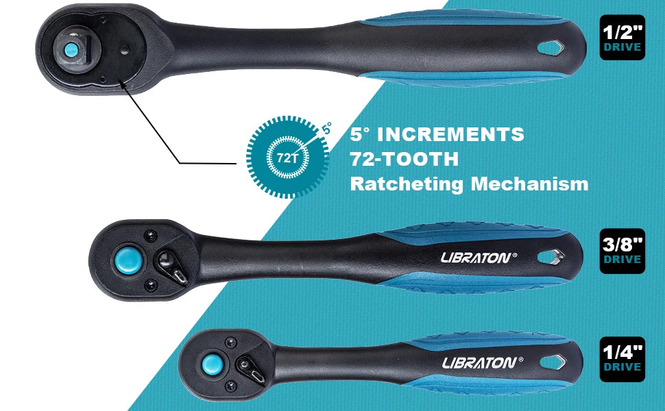 LIBRATON 72-Tooth Ratchet Wrench Quick Release Ratchet Handle Reversible 1/4'' 3/8'' 1/2'' Drive Auto Repair Tool Home DIY Tools