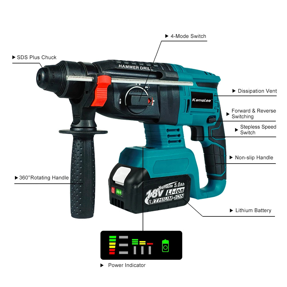 Kamolee 2000W 10600IPM Brushless Cordless Rotary Hammer Drill Rechargeable Electric Hammer Impact Drill