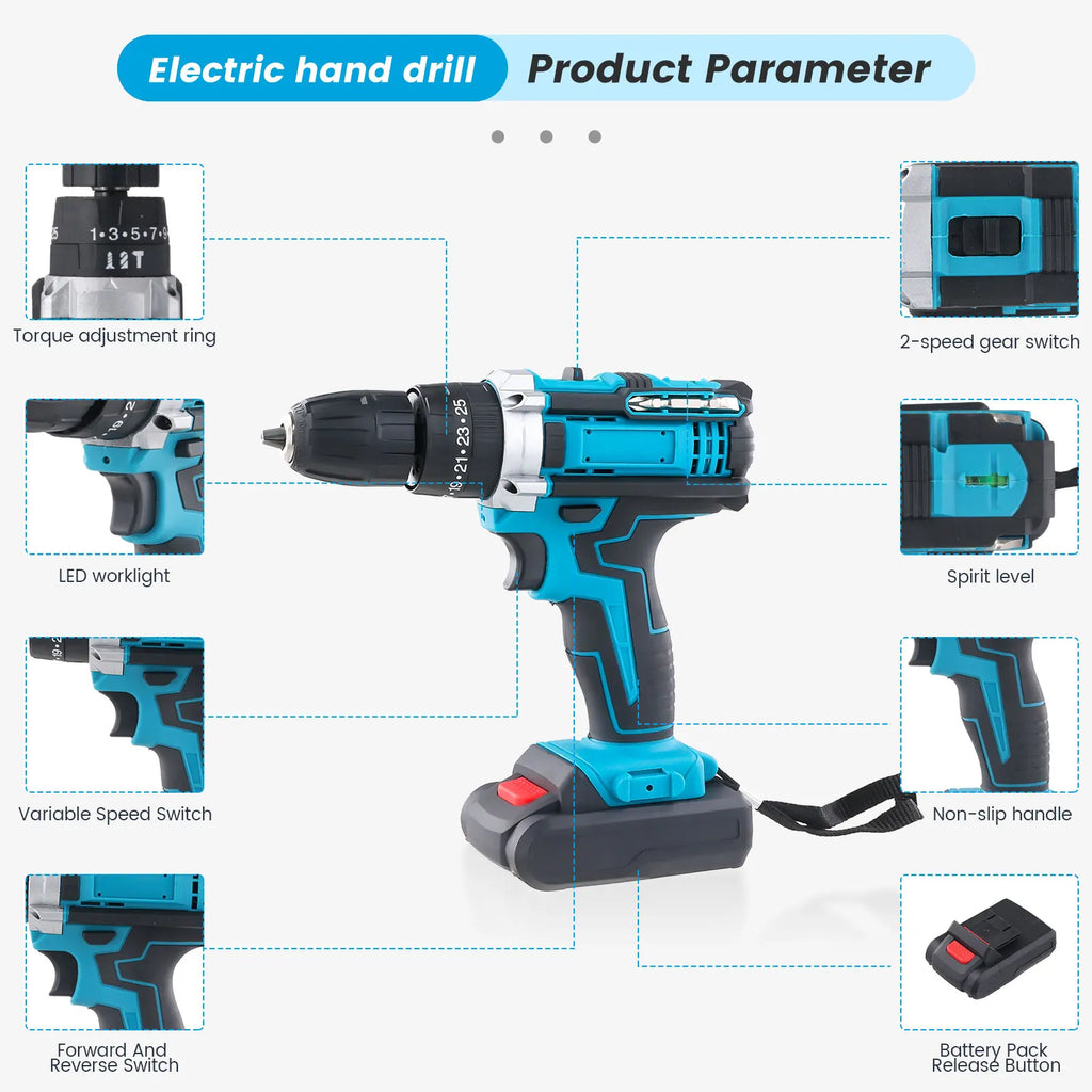 21V Cordless Brush Drill Driver with Impact Function Rotary Hammer 2-Speed Hammer Drill Electric Screwdriver Set With 2 Battery
