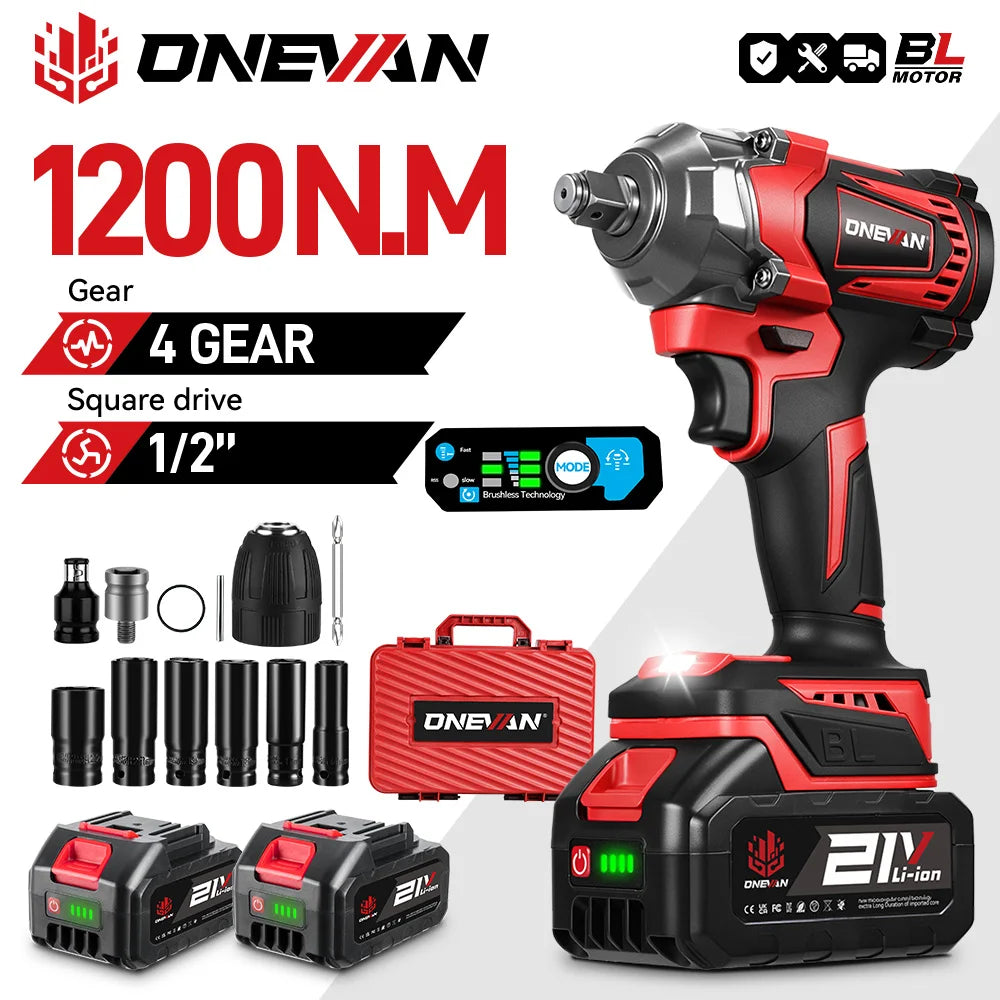 ONEVAN 1200N.M Brushless Electric Impact Wrench 1/2 inch Cordless Screwdriver Wrench Power Tool For Makita 18V Battery Pin