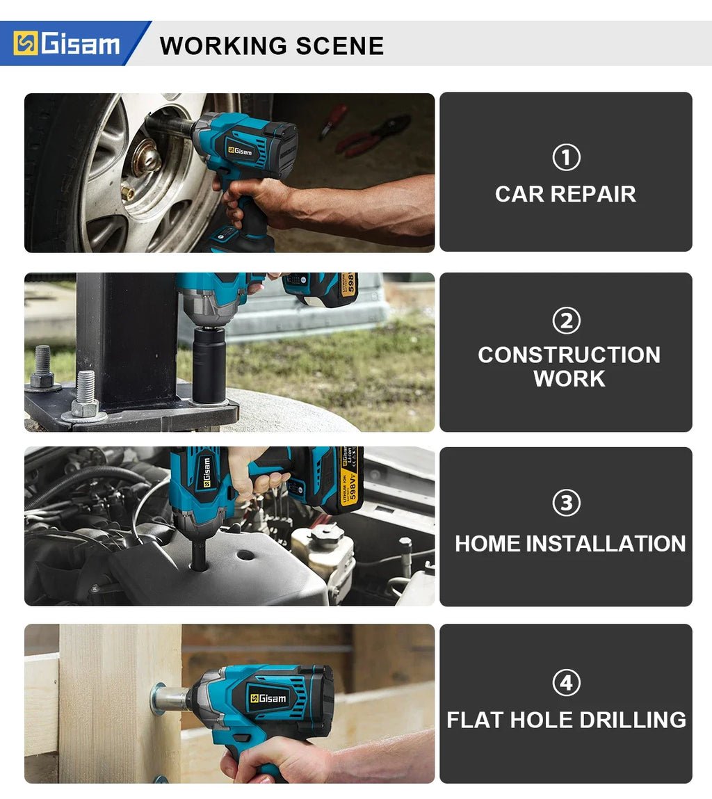 Gisam 1200N.M Brushless Electric Impact Wrench 1/2 inch Screwdriver Cordless Electric Wrench Tools for Makita 18V Battery Pins