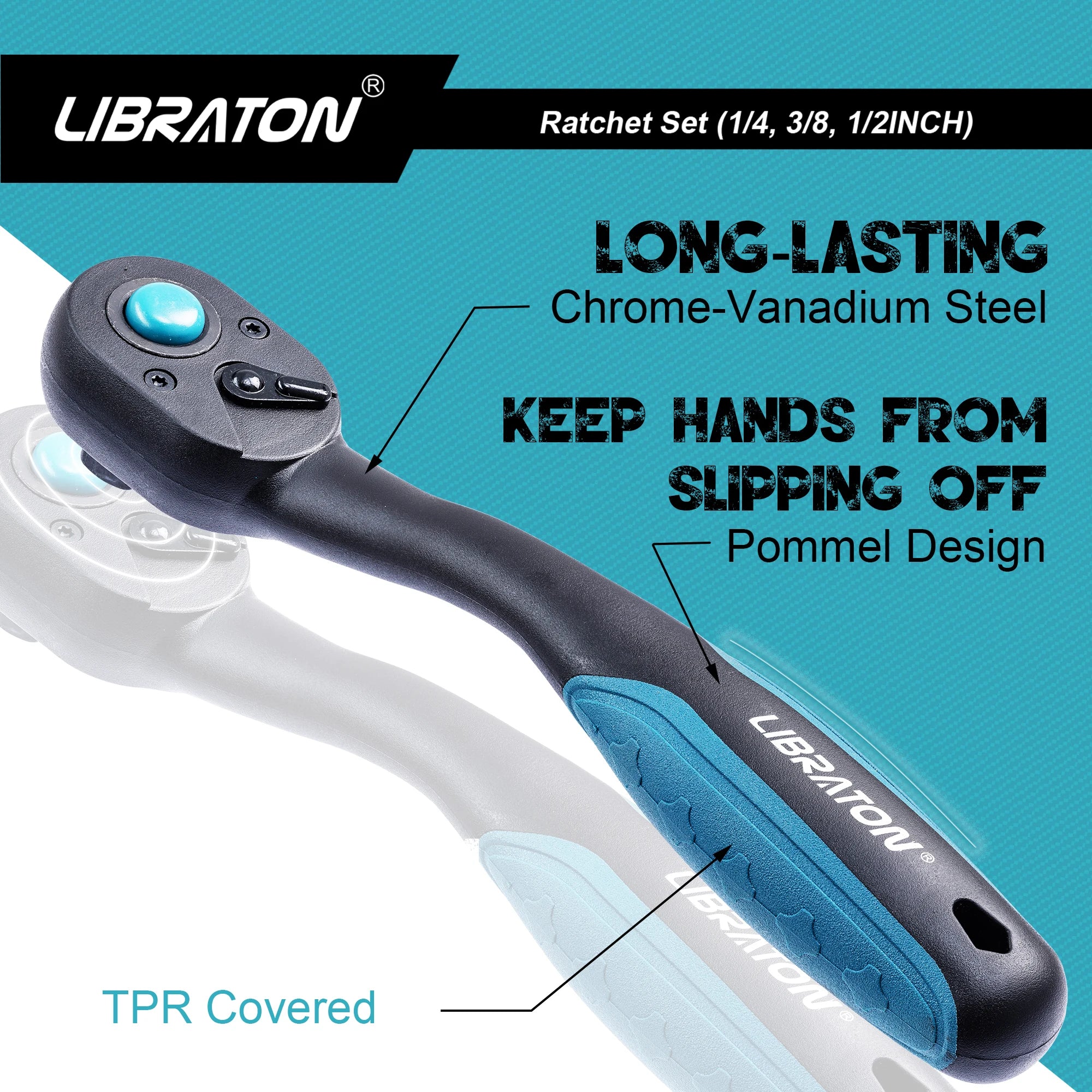 LIBRATON 72-Tooth Ratchet Wrench Quick Release Ratchet Handle Reversible 1/4'' 3/8'' 1/2'' Drive Auto Repair Tool Home DIY Tools