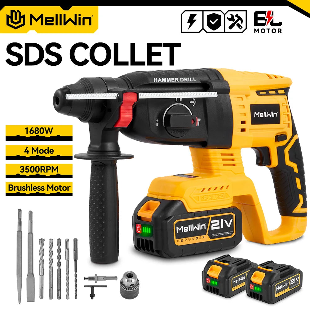 MELLWIN 3 in 1 Brushless Electric Hammer Drill Multifunction Impact Hammer for Steel Concrete Wood For Makita 18V Battery Pin