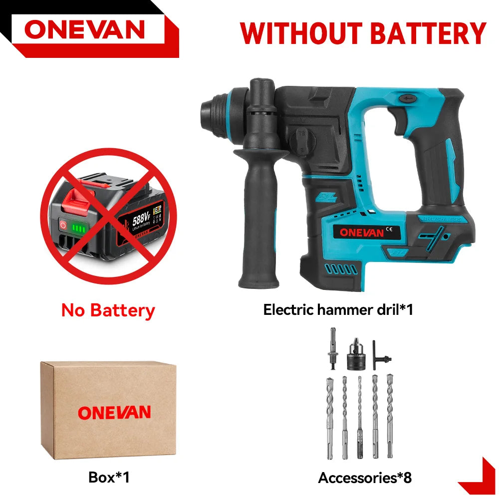 ONEVAN 27MM Brushless Electric Hammer Impact Drill Cordless Multifunction Rotary Hammer Power Tool For Makita 18V Battery Pin