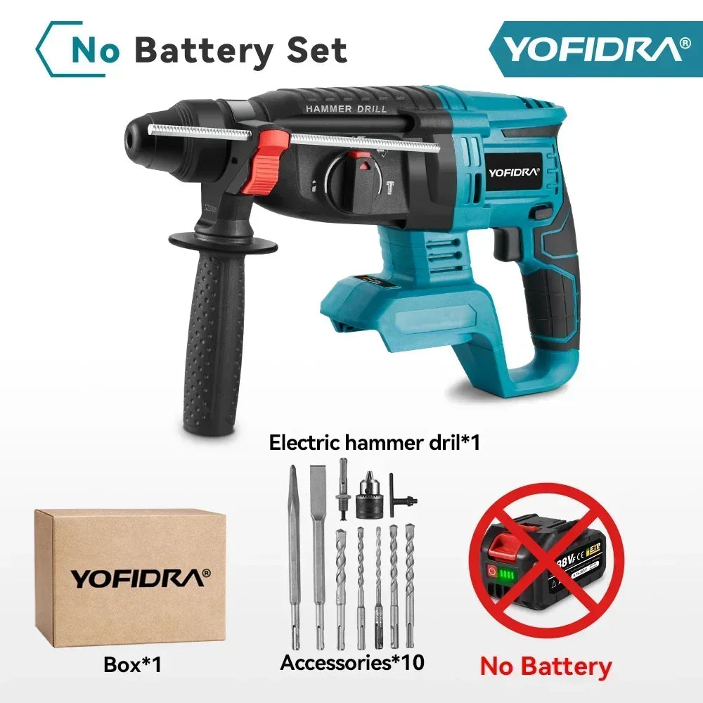 YOFIDRA 26MM Brushless Electric Hammer Drill 1680W Cordless Multifunctional Rotary Hammer Drill Tool For Makita 18V Battery Pin