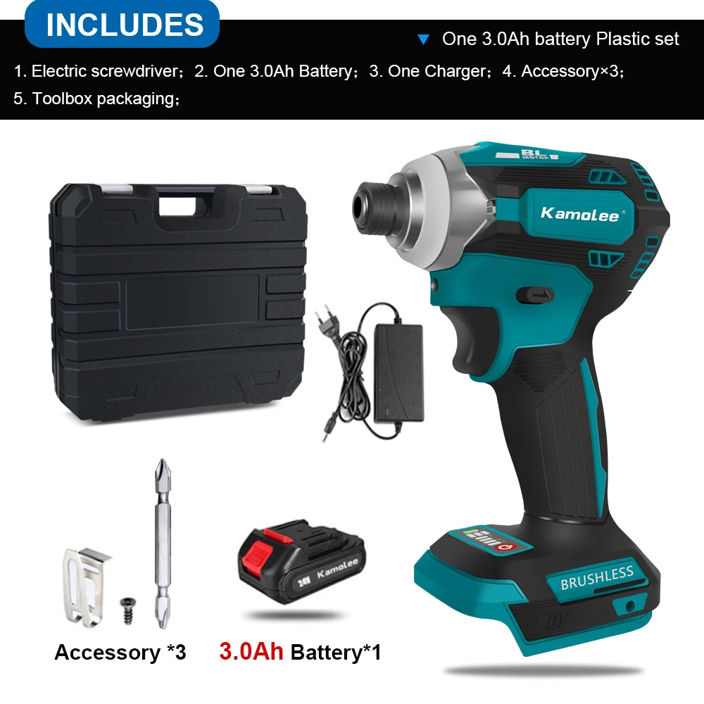 Kamolee 588Nm Cordless Electric Impact Brushless Wrench 5 Speed Screwdriver Power Tool 1/4" with 3 LED Light for 18V 21V Battery
