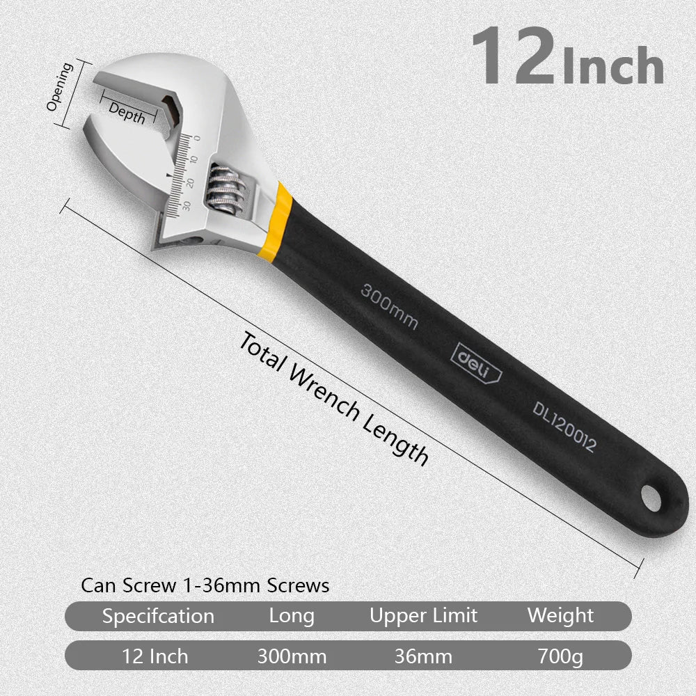 Deli 1 Pcs 6/8/10/12 Inch Universal Spanner Adjustable Wrench Strong with Non-slip Handle Large Opening Monkey Wrench