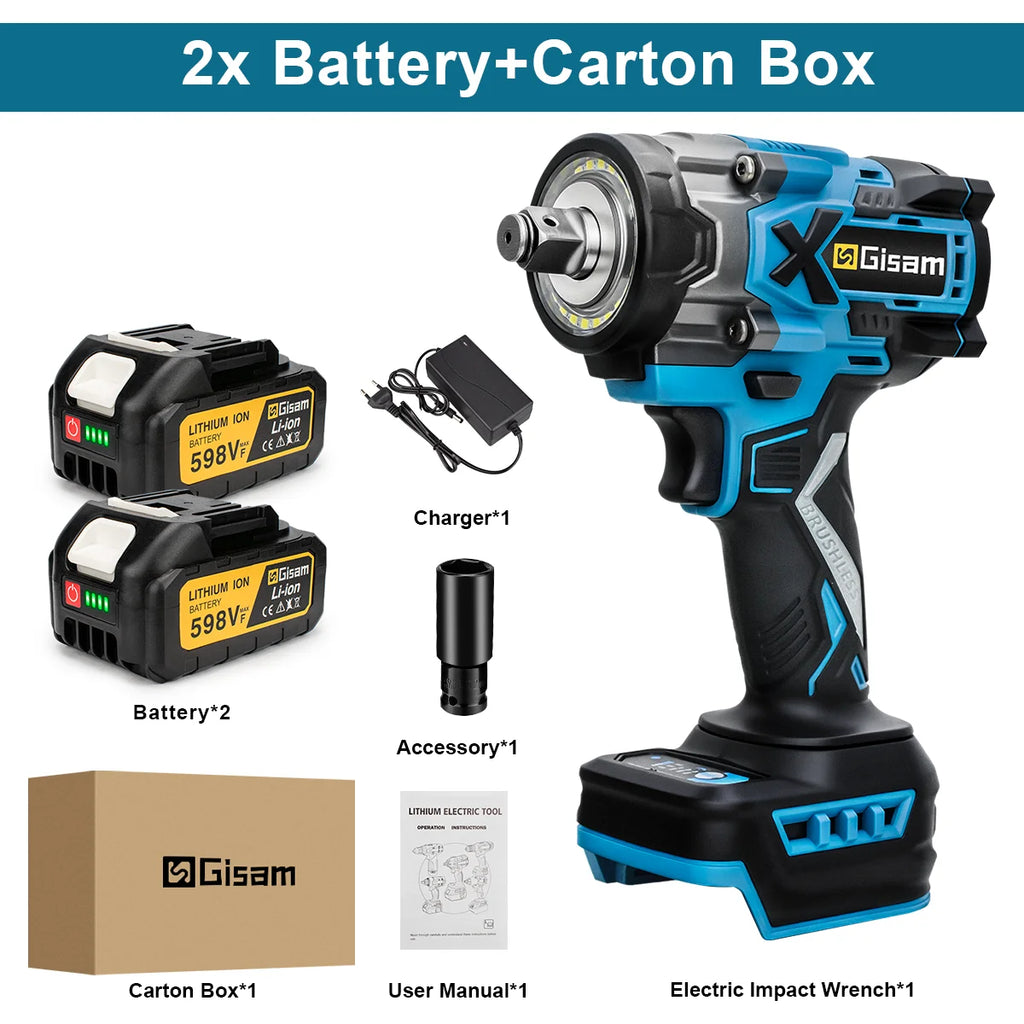 Gisam 900N.M Brushless Electric Wrench 1/2 Inch Impact Wrench Electirc Screwdriver Drill Compatible with Makita 18V Battery Pin